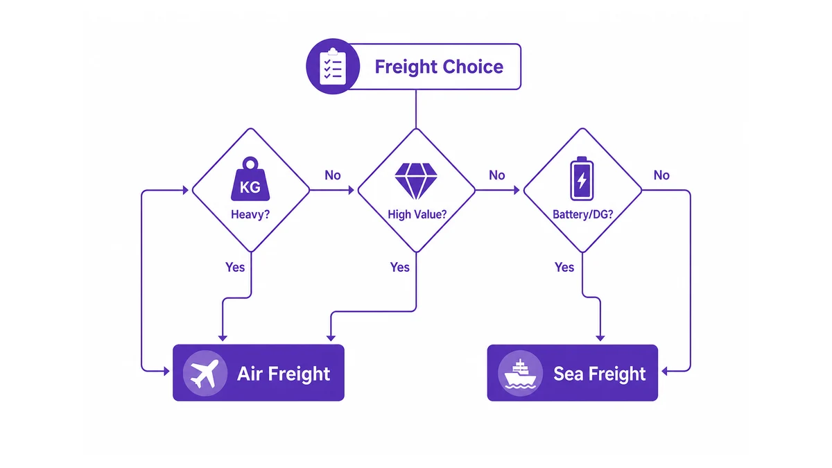 decision flow for choosing air freight vs sea freight based on product weight, value density, and battery/DG status