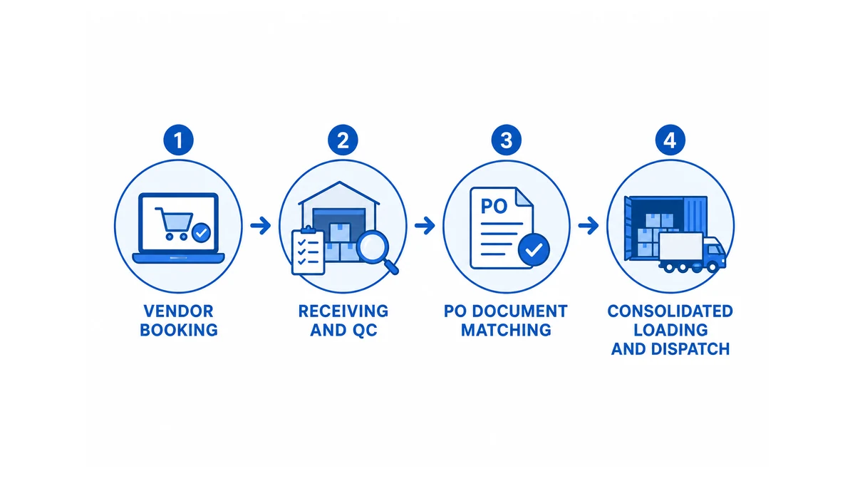 4-stage flow of multi-supplier consolidation in a China warehouse — vendor booking, receiving and QC, PO document matching, consolidated loading and dispatch