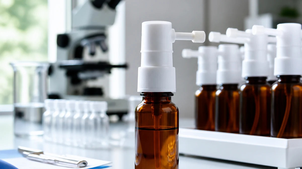 an assembled oral spray bottle with pump actuator on a clean lab bench, sample bottles lined up behind it, natural window light, editorial product photography