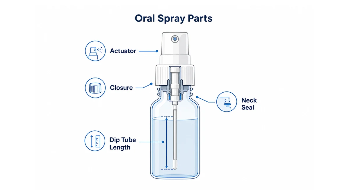 cross-section diagram of an oral spray pump showing actuator, closure, dip tube length inside the bottle, and the neck finish seal point