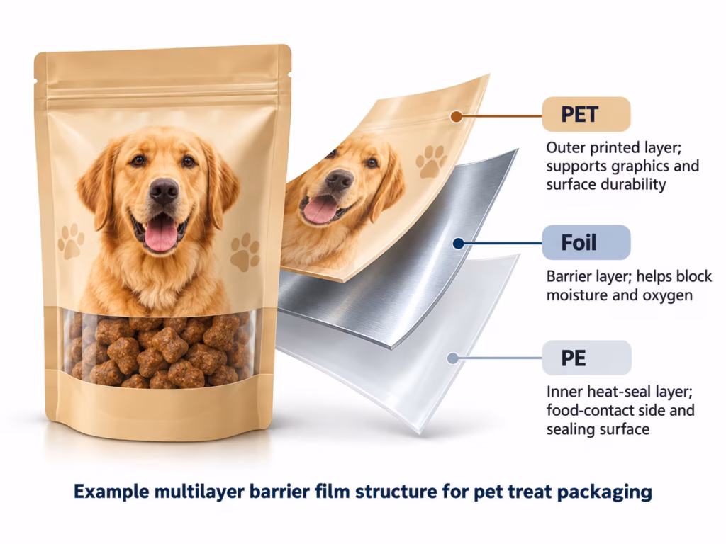 Private label pet treat packaging PET foil PE multilayer barrier film structure for dog treat pouches