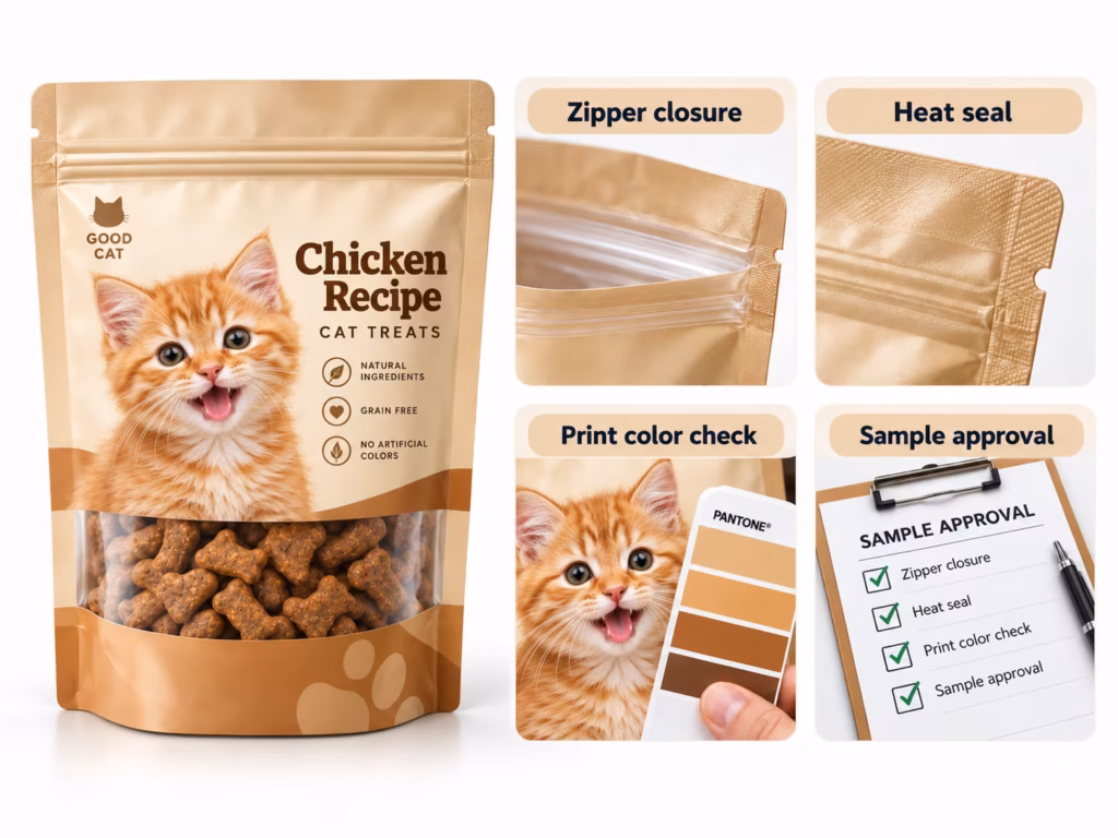 Private label pet treat packaging sample inspection for cat treat pouches, showing resealable zipper, print color matching and sample approval
