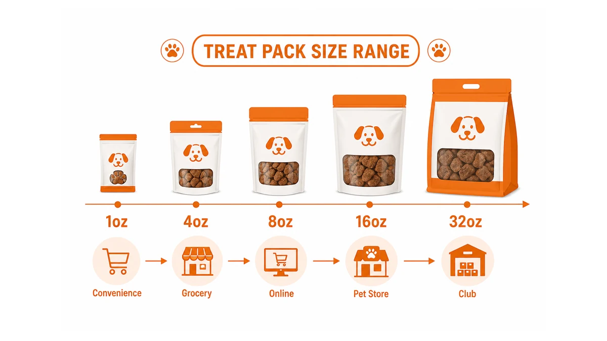 size range comparison of dog treat packaging formats from 1oz single-serve to 32oz bulk bag with corresponding retail channel alignment